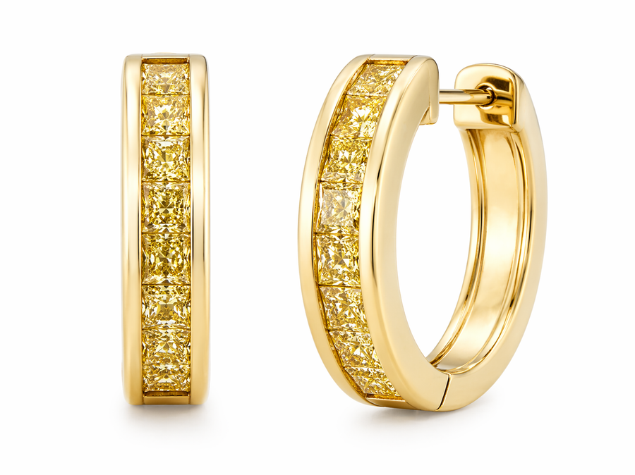 18K Yellow Diamond Princess Cut Hoop Earrings