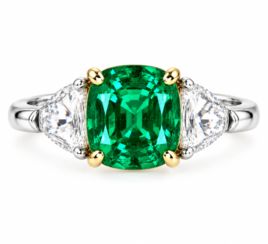 Platinum & 18K Yellow Gold Colombian Emerald & Natural Half-Moon Diamond Three-Stone Ring