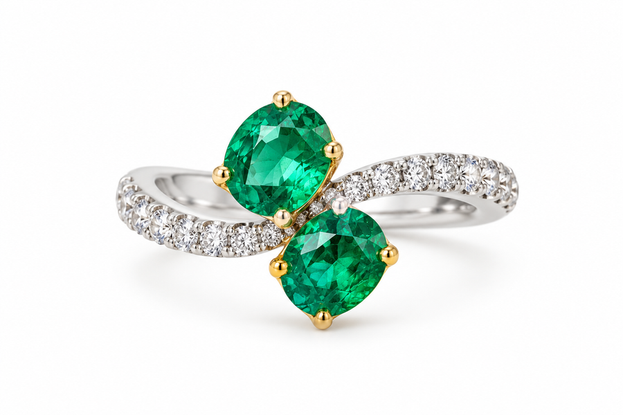 18K White & Yellow Gold Emerald & Diamond Bypass Ring