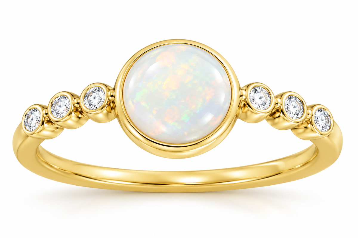 14K Yellow Gold Genuine Opal & Natural Diamond Ring