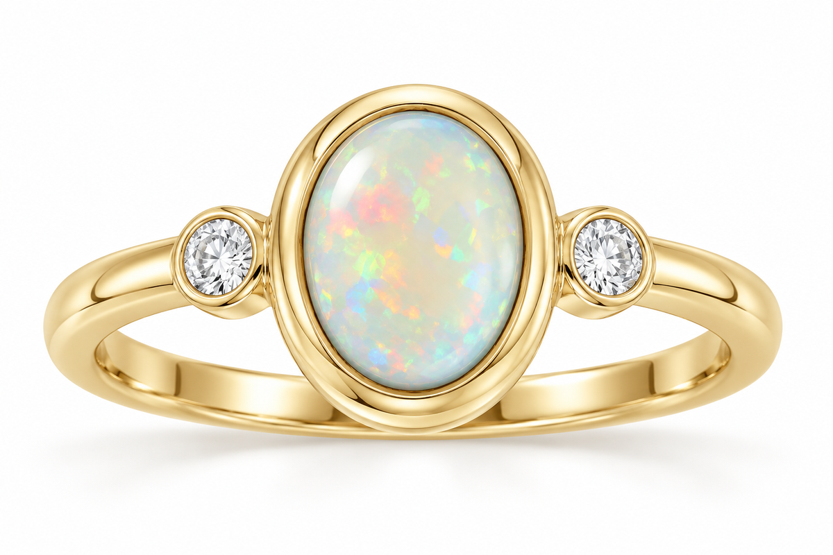 14K Yellow Gold Natural Ethiopian Opal & Natural Diamond Bezel-Set Ring