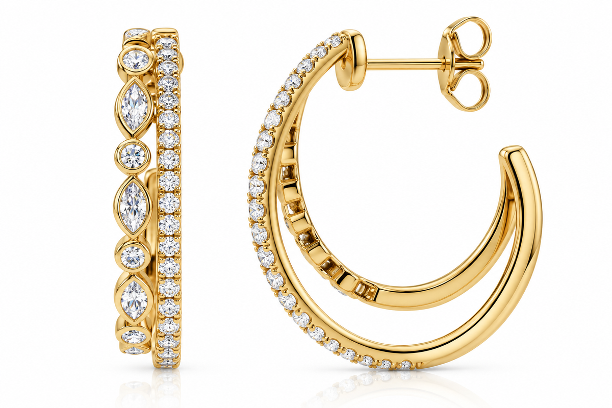 14K Yellow Gold Double Hoop Lab-Grown Diamond Earrings