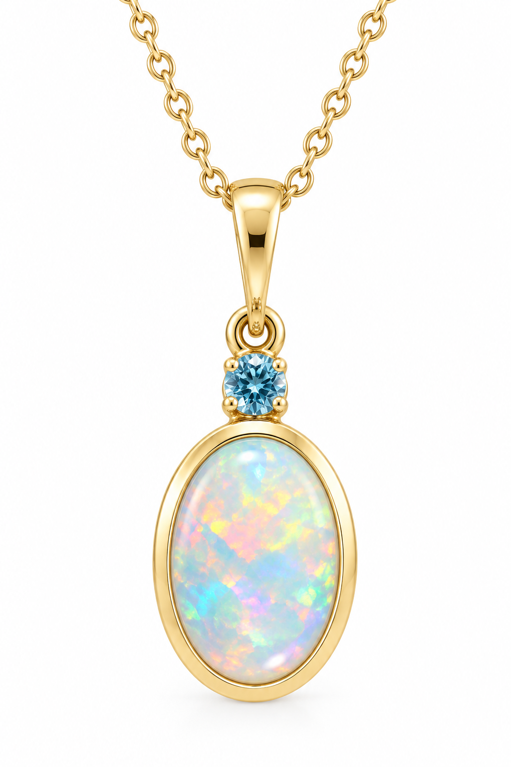 14K Yellow Gold Lab-Grown White Opal & Natural London Blue Topaz Necklace