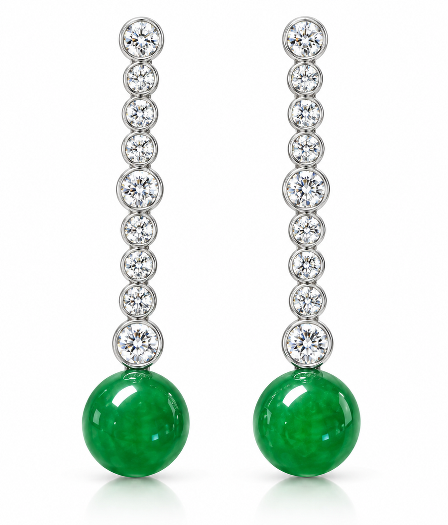 Platinum Natural Diamond & Jade Bead Drop Earrings
