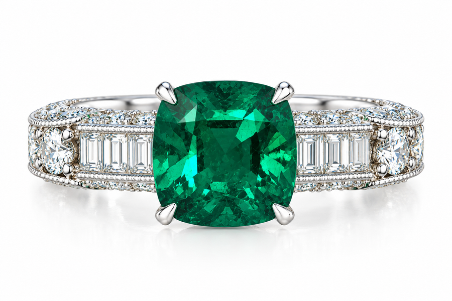 18K White Gold Cushion-Cut Zambian Emerald & Diamond Ring