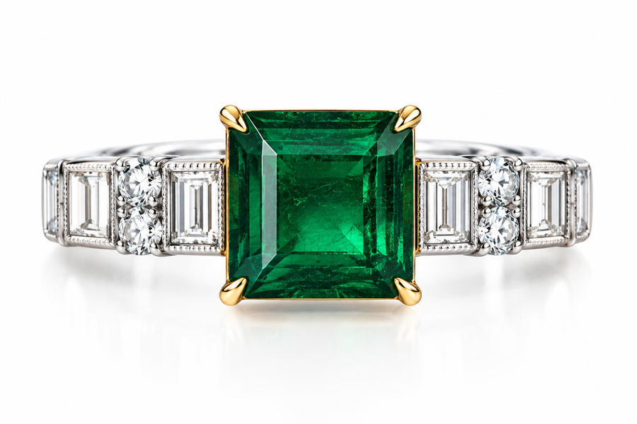 18K White & Yellow Gold Princess Cut Emerald & Diamond Ring