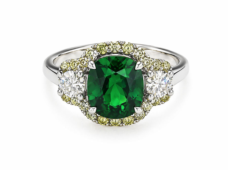 Platinum & 18K Yellow Gold Cushion CutTsavorite & Diamond Ring