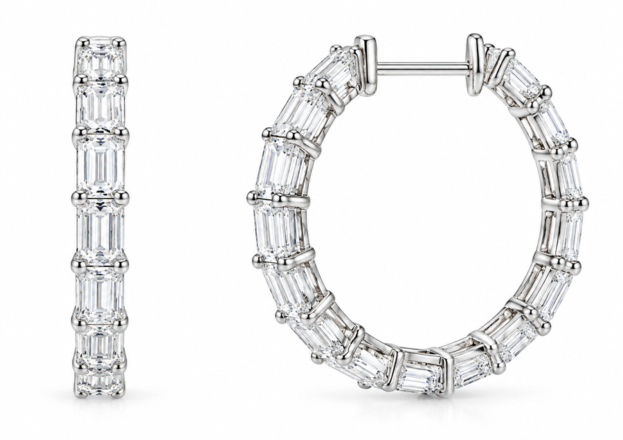 14K White Gold Inside-Outside Emerald Cut Lab Grown Diamond Hoop Earrings